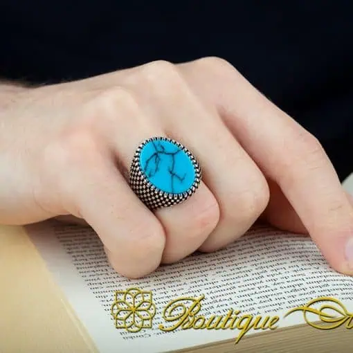 Oval Turquoise Grid Pattern Silver Ring - Image 6