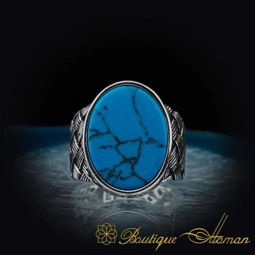 Alternative view of Oval Turquoise Knitted Silver Men Ring