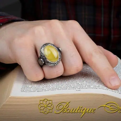 Oval Yellow Amber Hand Engraved Ring - Image 5