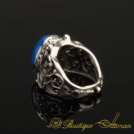 Dark Blue Aqeeq Classic Silver Ring - Image 4