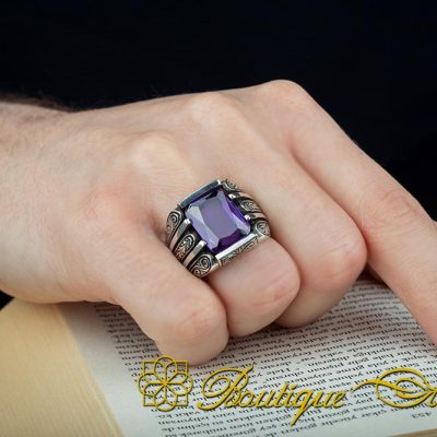 Rectangle Amethyst Zircon Hand Engraved Men Ring - Image 6