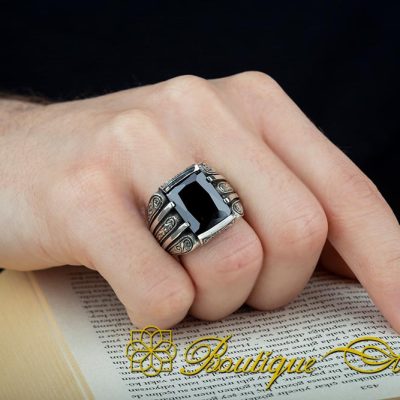 Rectangle Black Zircon Hand Engraved Men Ring - Image 6