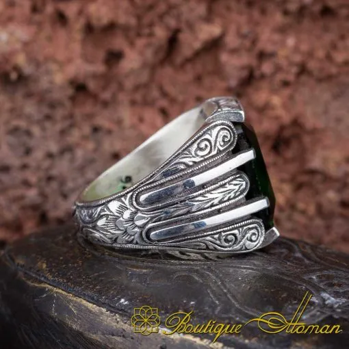 Rectangle Green Zircon Hand Engraved Men Ring - Image 3
