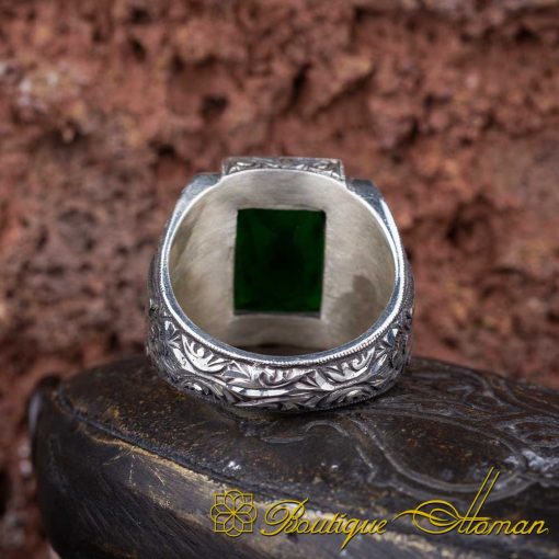 Rectangle Green Zircon Hand Engraved Men Ring - Image 5