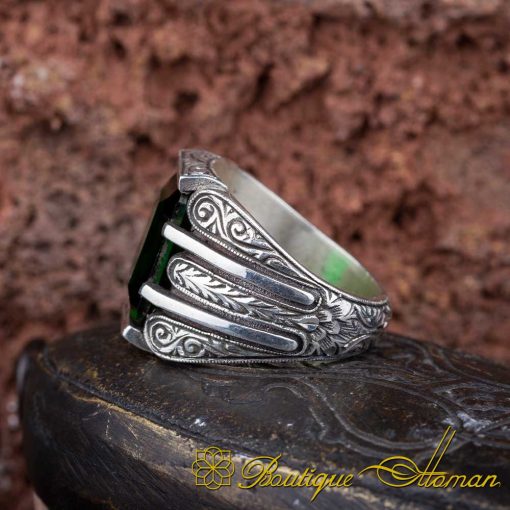 Rectangle Green Zircon Hand Engraved Men Ring - Image 4