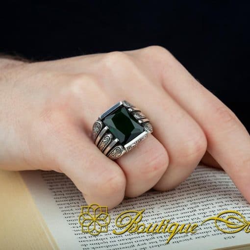 Rectangle Green Zircon Hand Engraved Men Ring - Image 6