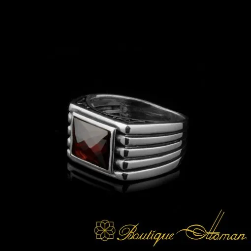 Red Rectangle Faceted Cut Zircon Silver Ring - Image 3