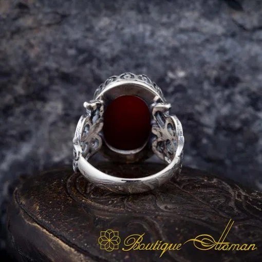 Red Yemeni Aqeeq D Shape Handcraft Women Ring - Image 4