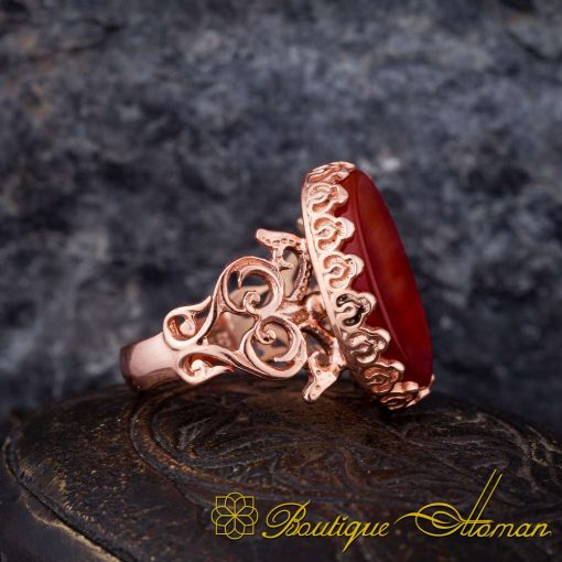 Red Yemeni Aqeeq Flat Handcraft Women Ring (Rose Gold Plated) - Image 3