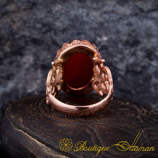 Red Yemeni Aqeeq Flat Handcraft Women Ring (Rose Gold Plated) - Image 4