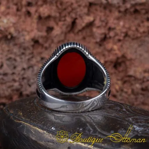 Red Yemeni Aqeeq Oval Micro Cut Silver Ring - Image 5
