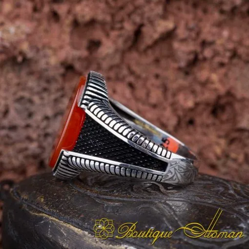 Red Yemeni Aqeeq Oval Micro Cut Silver Ring - Image 4