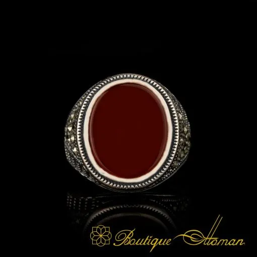 Alternative view of Red Yemeni Aqeeq and Marcasite Designer Ring