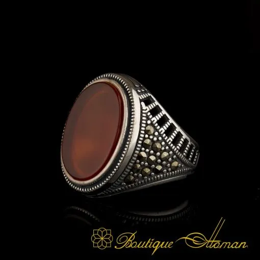Red Yemeni Aqeeq and Marcasite Designer Ring - Image 3