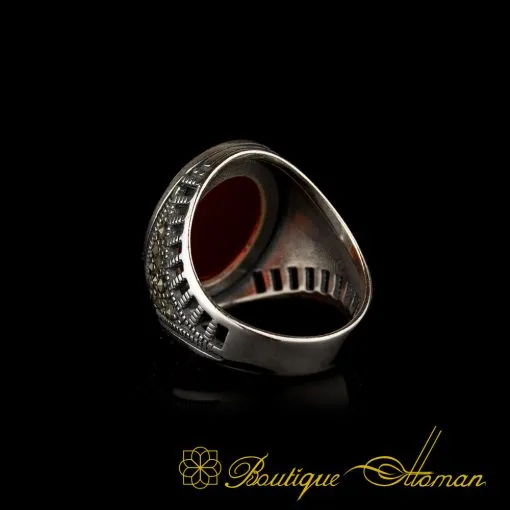 Red Yemeni Aqeeq and Marcasite Designer Ring - Image 4