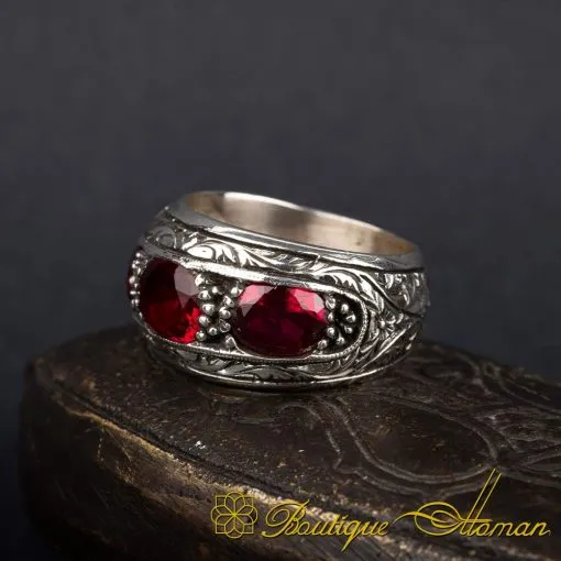Red Zircon 3 Pieces Hand Engraved Silver Band Ring - Image 3