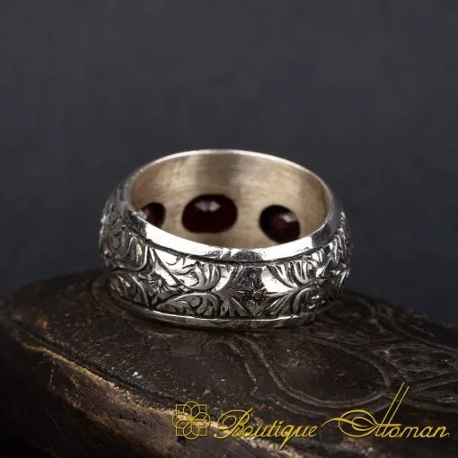 Red Zircon 3 Pieces Hand Engraved Silver Band Ring - Image 4