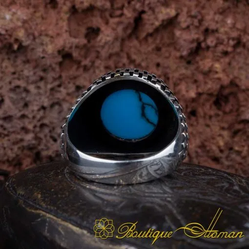 Round Turquoise Grid Pattern Silver Ring - Image 5