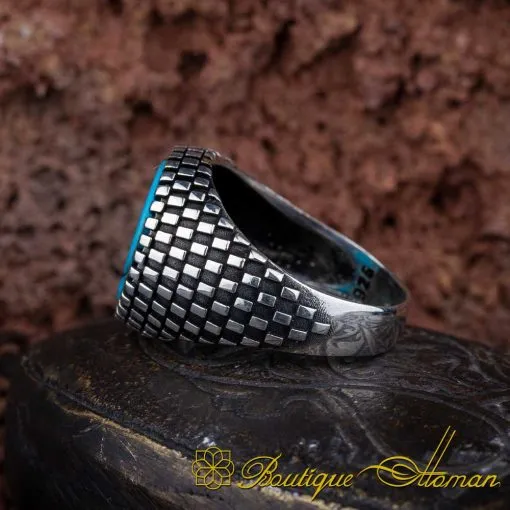 Round Turquoise Grid Pattern Silver Ring - Image 4