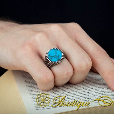 Round Turquoise Grid Pattern Silver Ring - Image 6