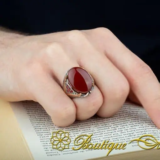 Royal Collection Red Aqeeq Silver Ring No:11 - Image 6