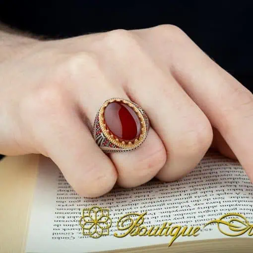 Royal Collection Red Aqeeq Silver Ring No:4 - Image 6