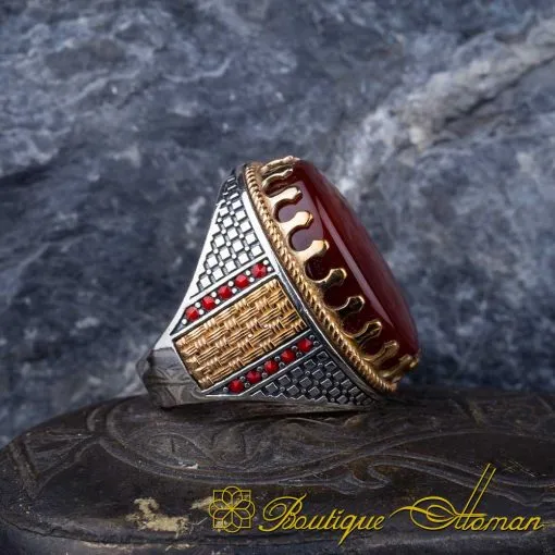 Royal Collection Red Aqeeq Silver Ring No:8 - Image 3
