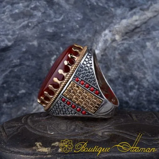 Royal Collection Red Aqeeq Silver Ring No:8 - Image 4