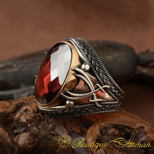 Red Zircon Stone Silver Ring with Double Swords Figure - Image 3