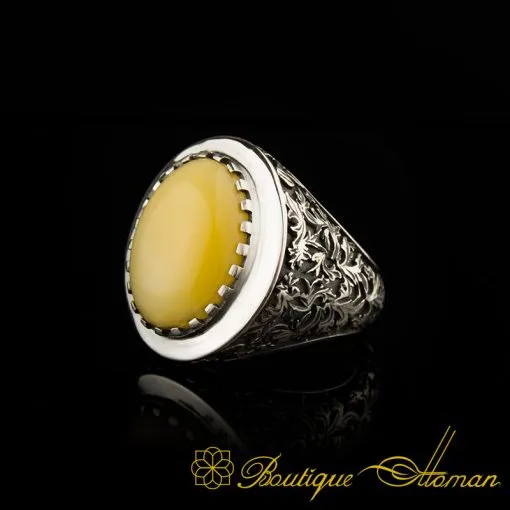 Savoy Collection Yellow Amber Hand Engraved Ring - Image 3