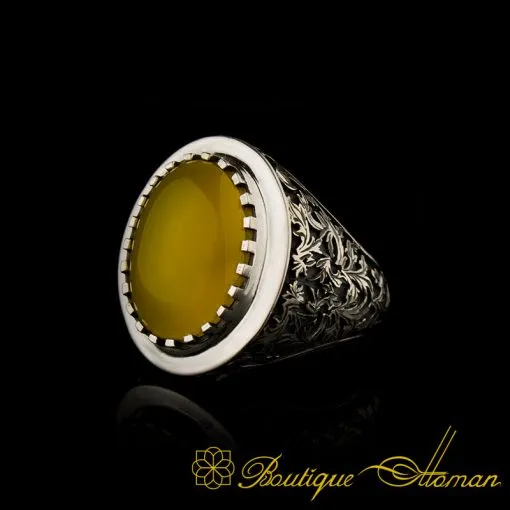 Savoy Collection Yellow Aqeeq Hand Engraved Ring - Image 3