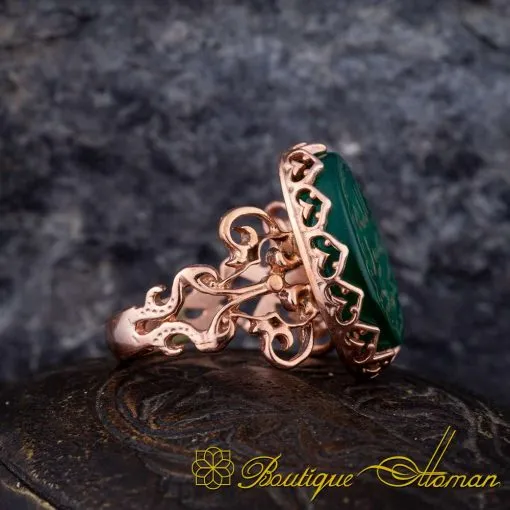 Seal Of Prophet Mohammad Green Aqeeq Handcraft Women Ring (Rose Gold Plated) - Image 3