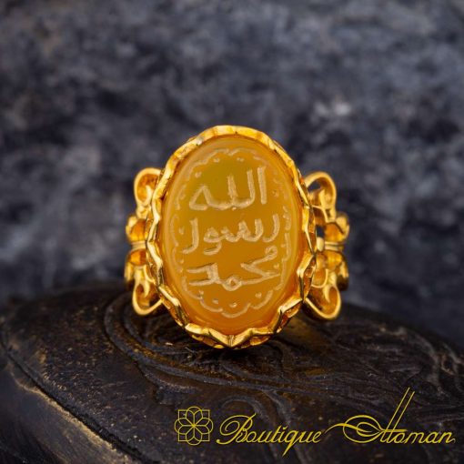 Seal Of Prophet Mohammad Yellow Aqeeq Handcraft Women Ring (Gold Plated) - Image 3