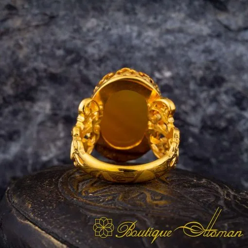 Seal Of Prophet Mohammad Yellow Aqeeq Handcraft Women Ring (Gold Plated) - Image 4