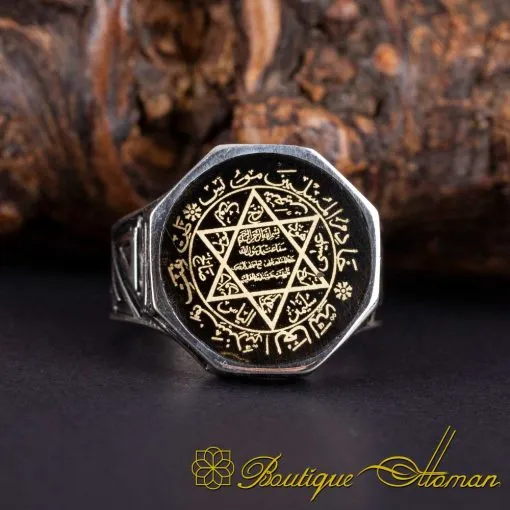 Seal of Solomon Black Mina Octagon Silver Ring - Image 2