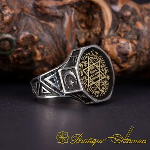 Seal of Solomon Black Mina Octagon Silver Ring