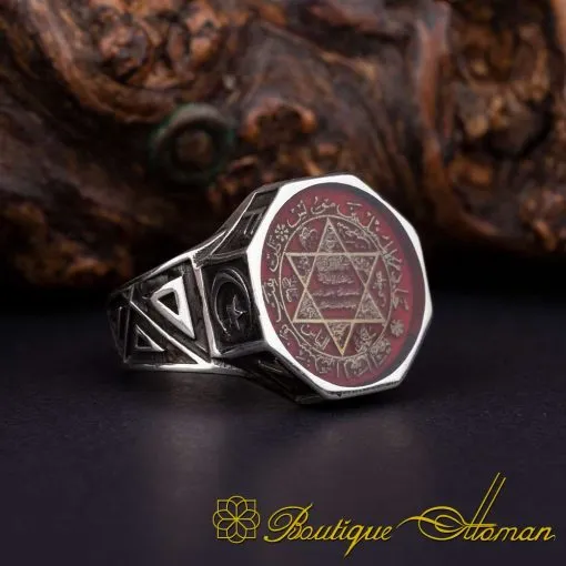 Seal of Solomon Red Mina Octagon Silver Ring