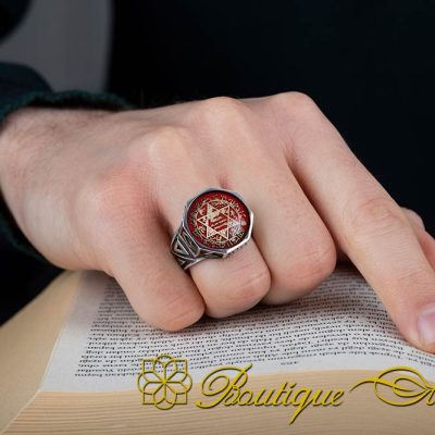 Seal of Solomon Red Mina Octagon Silver Ring - Image 5