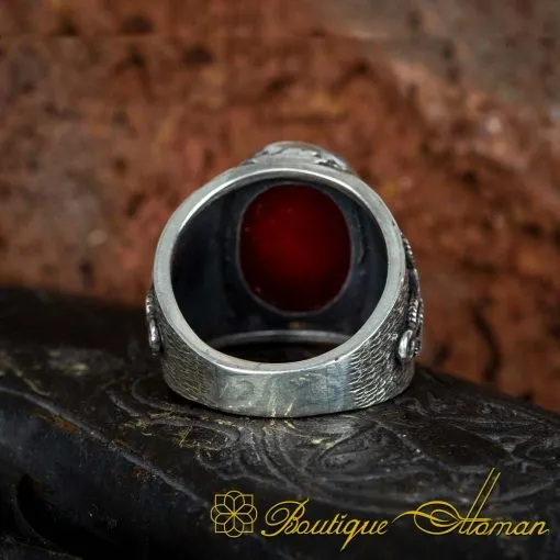 Red Yemeni Aqeeq Handmade Women & Men Couple Rings Set - Image 10