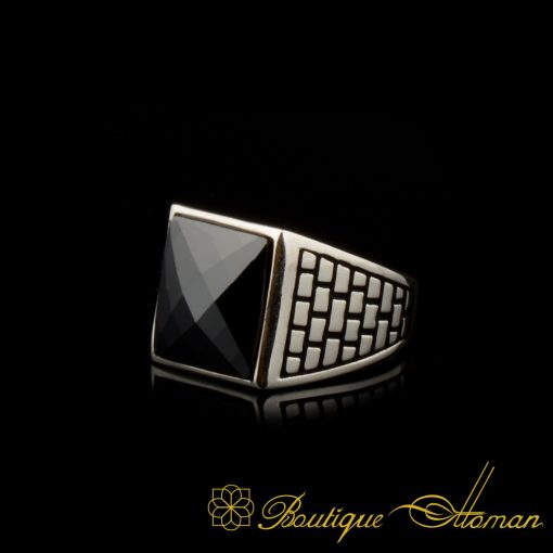 Square Faceted Cut Black Zircon Classic Silver Men Ring - Image 3
