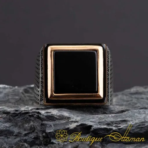 Square Zircon Covered Onyx Men Ring - Image 2