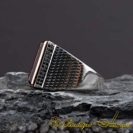Square Zircon Covered Red Aqeeq Men Ring - Image 3