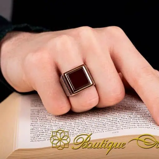 Square Zircon Covered Red Aqeeq Men Ring - Image 5