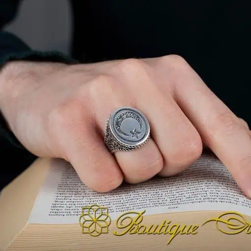 Stoneless Design Silver Men Ring With Crescent Star - Image 5