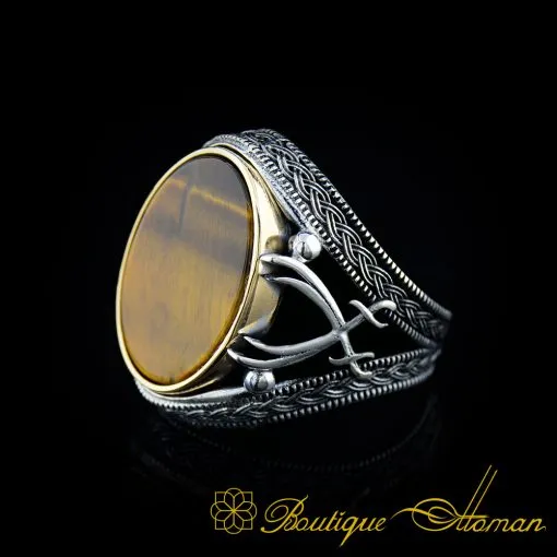 Tiger's Eye Silver Ring with Double Swords Figure - Image 3