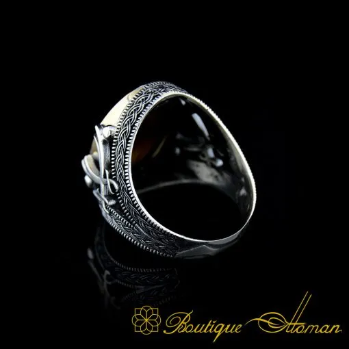 Tiger's Eye Silver Ring with Double Swords Figure - Image 4