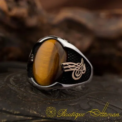 Classy Gentle Tiger's Eye Men Ring With Tughra - Image 3