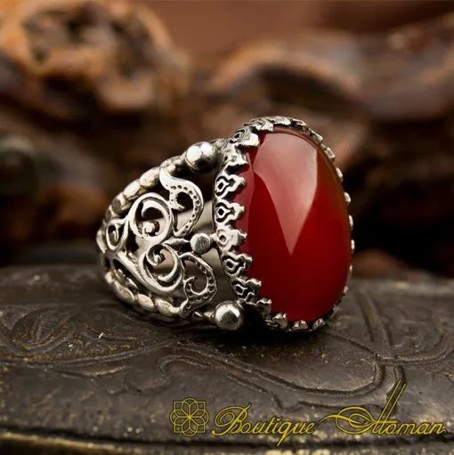 Red Liver Yemeni Aqeeq Hand Made Ring - Image 5