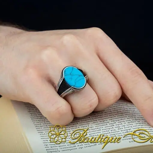 Turquoise Oval Micro Cut Silver Ring - Image 6