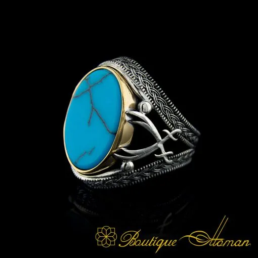Turquoise Stone Silver Ring with Double Swords Figure - Image 3